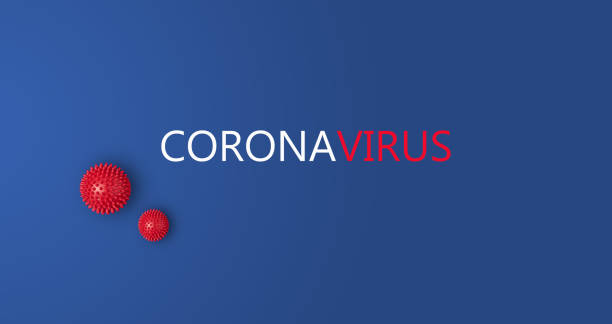 banner with inscription coronavirus on blue background with abstract viral strain model - yan imagens e fotografias de stock