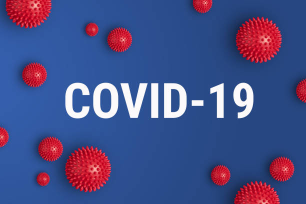 inscription covid-19 on blue background with red strain model of coronavirus - yan imagens e fotografias de stock