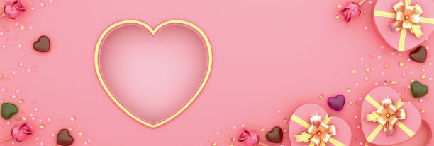 istock Happy Valentines Day, pink flower heart shape gift box, window frame, chocolate candy, gold confetti glitter on background. Greeting card, flat lay, layout,  copy space text. 3D illustration. 1205875822