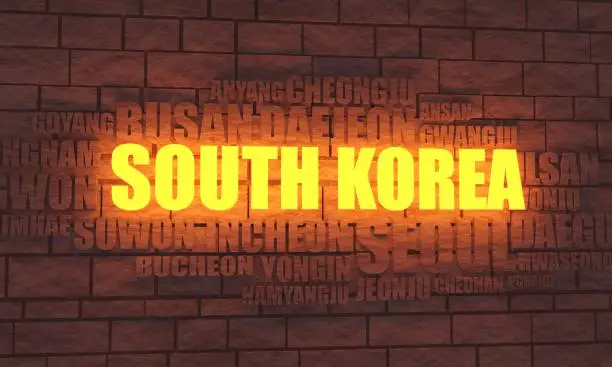 List of cities and towns of South Korea. Word cloud collage. Business and travel concept background. 3D rendering. Neon bulb street sign illumination