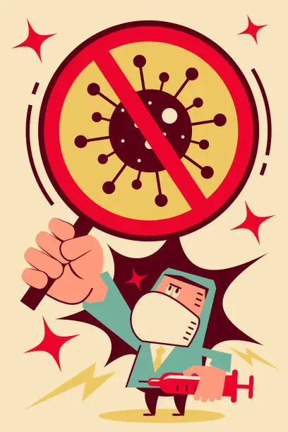 Vector illustration of Scientist (doctor, biochemist) gets a vaccine against the new virus and coronavirus (to prevent flu) and holds a holding a prohibition sign