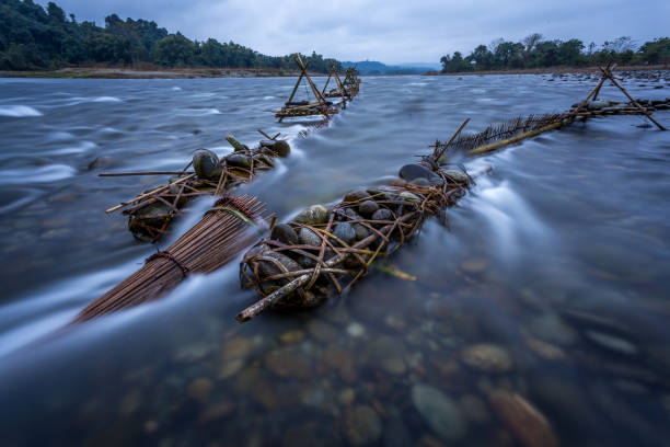 trampa de pescado en putao, myanmar - fish trap fotografías e imágenes de stock