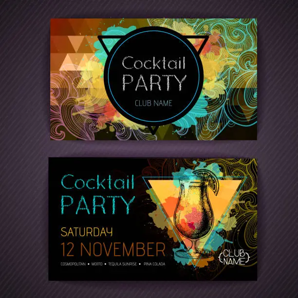 Vector illustration of Cocktail tequila sunrise on artistic polygon watercolor background. Cocktail disco party poster