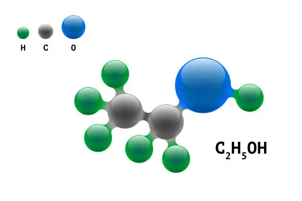 Vector illustration of Chemistry model molecule ethanol C2H5OH scientific element formula. Integrated particles natural inorganic 3d alcohol molecular structure compound. Carbon oxygen and hydrogen atom vector spheres