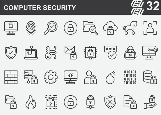 ilustraciones, imágenes clip art, dibujos animados e iconos de stock de iconos de la línea de seguridad del ordenador - seguridad
