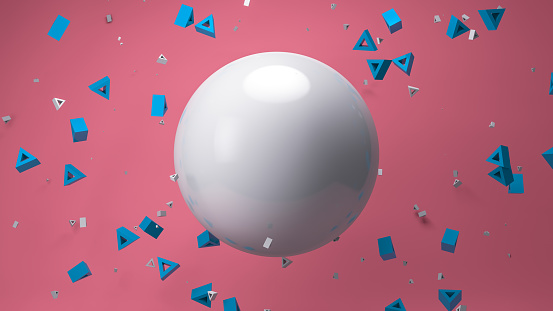 3D Rendering, Abstract background with sphere and triangle shape on white, blue and pink colors, empty space for copy.