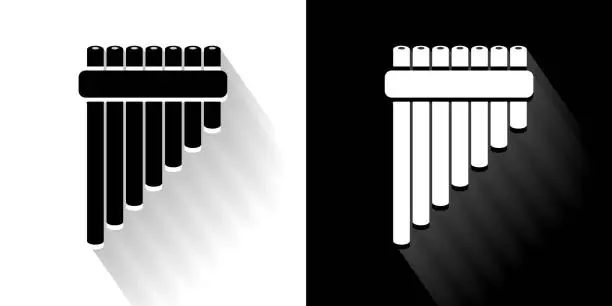 Vector illustration of Pan Pipes Black and White Icon with Long Shadow