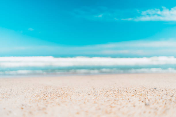 Copy space blur tropical beach with bokeh sun light wave on blue sky and white cloud abstract background. Summer vacation outdoor and travel holiday adventure concept. Vintage tone filter effect color.