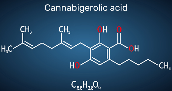 Cannabigerolic acid, CBGA,  molecule. It is cannabinoid, precursor tetrahydrocannabinolic acid THCA, cannabidiolic acid CBDA, cannabichromenic acid CBCA. Structural chemical formula on the dark blue background. Vector illustration
