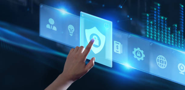 istock Cyber security data protection business technology privacy concept. Young businessman  select the icon security on the virtual display. 1205896395
