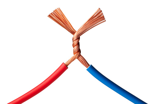 Red and blue electric wires connected on white background.