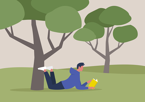 Young male character reading a book under the tree, summer recreation, outdoor, forest or park landscape