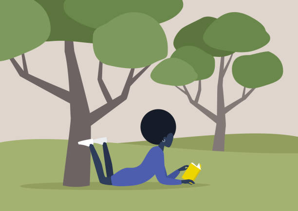 ilustrações de stock, clip art, desenhos animados e ícones de young black female character reading a book under the tree, summer recreation, outdoor, forest or park landscape - wisdom university single word student