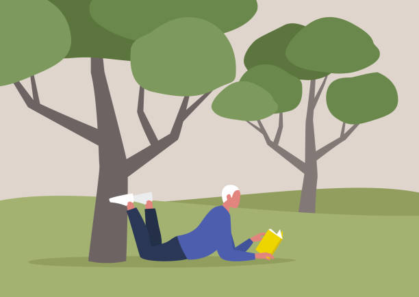 ilustrações de stock, clip art, desenhos animados e ícones de young male character reading a book under the tree, summer recreation, outdoor, forest or park landscape - wisdom university single word student