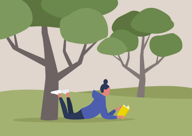 молодая женская героиня читает книгу под деревом, летний отдых, открытый, лесной или парковый пейзаж - wisdom university single word student stock illustrations