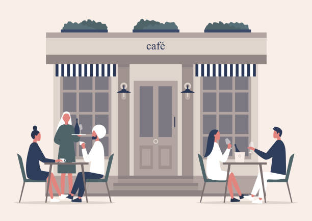 illustrazioni stock, clip art, cartoni animati e icone di tendenza di terrazza estiva del caffè, persone che bevono caffè e champagne all'aperto su un marciapiede - ristorante illustrazioni
