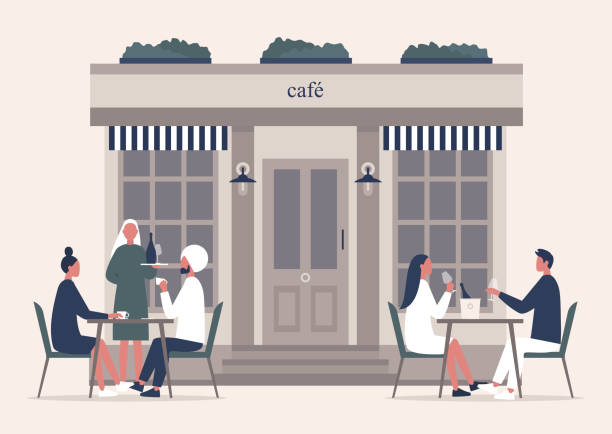 ilustrações, clipart, desenhos animados e ícones de terraço de café de verão, pessoas bebendo café e champanhe do lado de fora em uma calçada - facade street building exterior vector