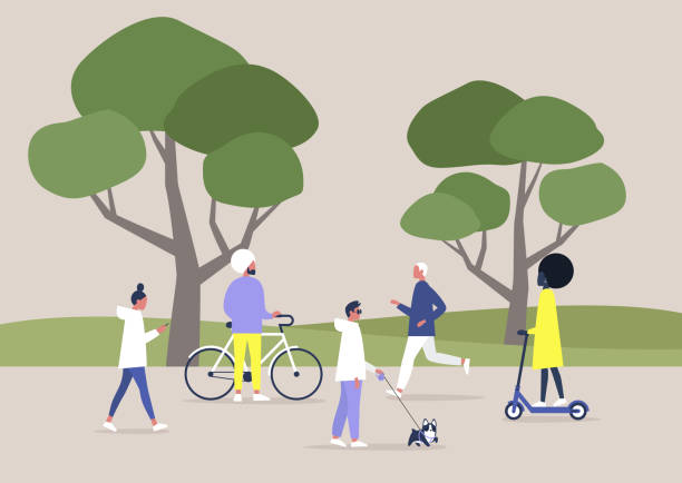 разнообразная толпа людей, гуляя и заимая спортом в общественном пространстве, летний отдых на свежем воздухе, отдых - walk cycle stock illustrations