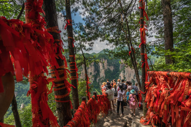 Red ribbons along trail in mountains in Zhangjiajie Zhangjiajie, China - August 2019 : Red ribbons tied to the barriers along the walking path in Tianzi mountains in Zhangjiajie National park which is a famous tourist attraction, Wulingyuan, Hunan Province zhangjiajie stock pictures, royalty-free photos & images