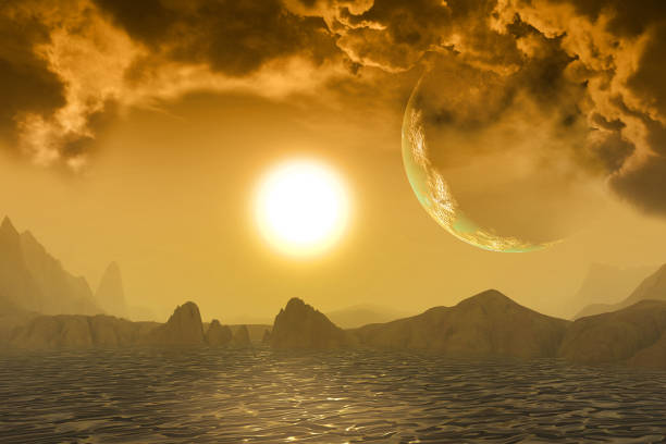 Alien planet landscape, sunset, mountains and Sea with clouds, 3d illustration