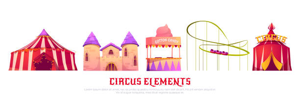 Carnival funfair with circus tent, roller coaster, castle and candy cotton cart. Vector cartoon set of attractions in summer amusement park isolated on white background