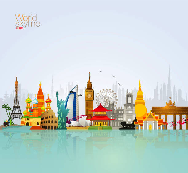 istock World Skyline Vector Travel Tourism Illustration With Paris Eiffel Tower, London Clock, New York Statue Of Liberty, Tokyo, Bangkok 1205904951