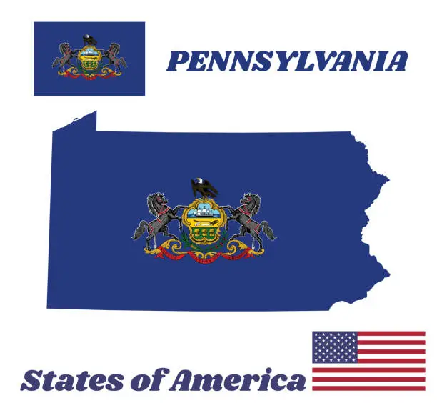 Vector illustration of Map outline and flag of Pennsylvania and the state name. Coat of arms of Pennsylvania on blue field. The state of America.