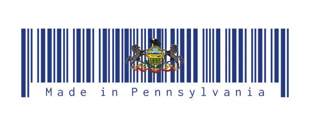 Vector illustration of Barcode set the color of Pennsylvania flag. Coat of arms of Pennsylvania on blue field. text: Made in Pennsylvania. Concept of sale.