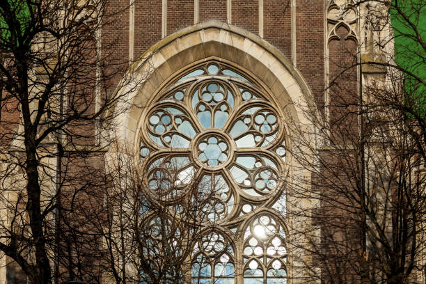 Rose window on the west wall of Matthias Church on Buda Hill overlooking the River Danube and Budapest, capital city of Hungary.