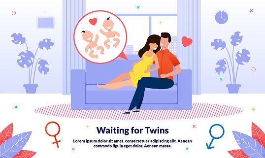 Waiting for Twins Birth, Happy Maternity Moments Trendy Flat Vector Banner, Poster Template. Woman Pregnant with Twins, Resting at Home, Relaxing on Sofa in Living Room with Husband Illustration