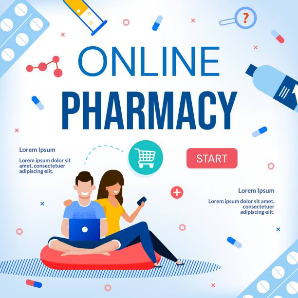 ilustrações de stock, clip art, desenhos animados e ícones de online pharmacy drugstore medical care webpage - couple laptop computer digital tablet