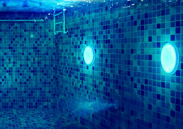underwater swimming pool with led lights and stair and stainless handle - pool game imagens e fotografias de stock