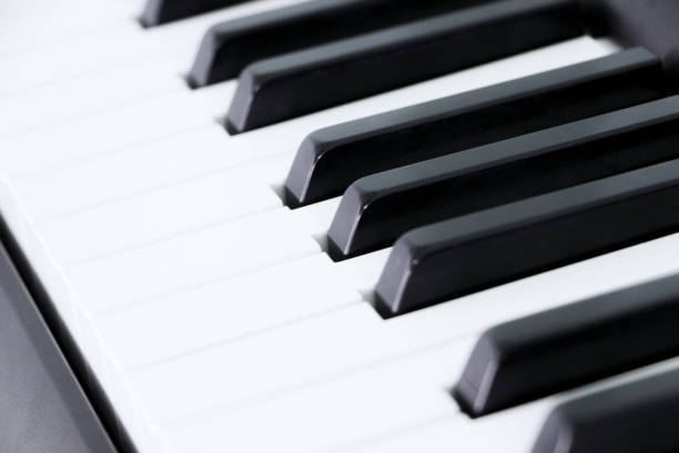 istock Classical piano keyboard selective focus.Piano keys musical instrument side view.Piano famous acoustic equipment 1205913390