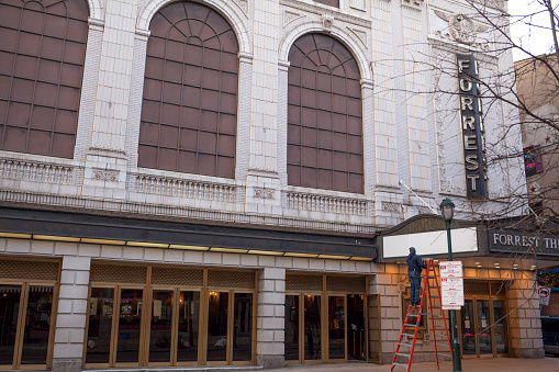 Philadelphia, Pa. USA, Feb. 12, 2020: facade of the Forrest Theater in Philadelphia, Pa. USA
