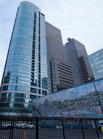 Philadelphia, Pa. USA, Feb. 12, 2020: view of the Murano condominium building and mural in Philadelphia, Pa. USA
