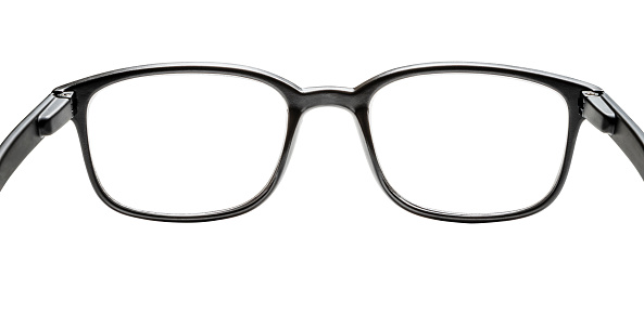 Front view of a black frame eyeglasses with clipping path isolated on white. Low key DSLR photo taken with Canon EOS 6D Mark II and Canon EF 24-105 mm f/4L