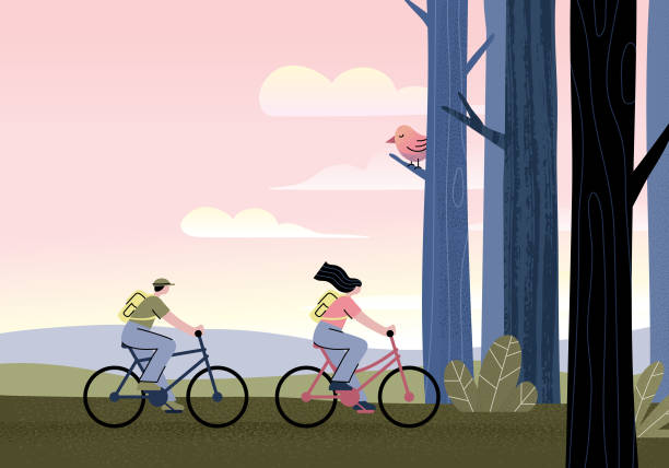 Couple riding bicycles Couple with backpacks cycling in the park.
Fully editable vectors on layers. beauty in nature illustrations stock illustrations