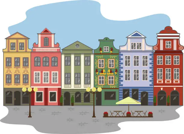 Vector illustration of Vector illustration of beautiful street  in Prague, multicolor buildings, beautiful view in pedestrian area, pavement, lanterns and street cafe