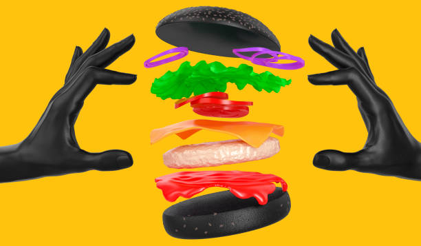 istock Black hands and flying separate hamburger abstract colorful ingredient layers isolated on yellow background. Eating junk food creative design concept. 3d illustration 1205918575