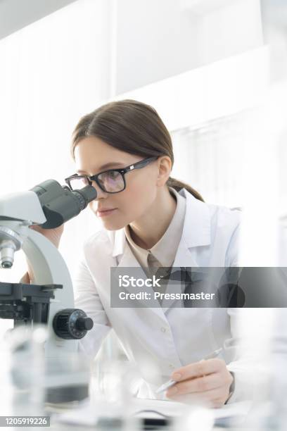 Lab Worker Front View Laboratory Worker Using Microscope Stock Photo - Download Image Now ...