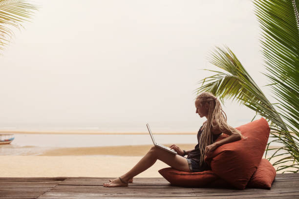istock Young female wearing dreadlocks using laptop on sea shore. Shopping online, freelance, working outdoor 1205919294