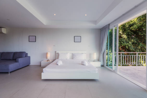 istock Modern bed room interior in Luxury villa. White colours, big window 1205920084