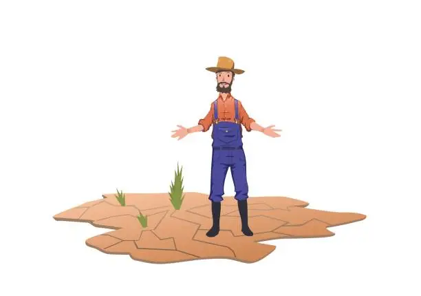 Vector illustration of A farmer standing next to green sprouts on a dry field. Concept of drought, global warming, lack of water, irrigation. Vector illustration, isolated on white background.