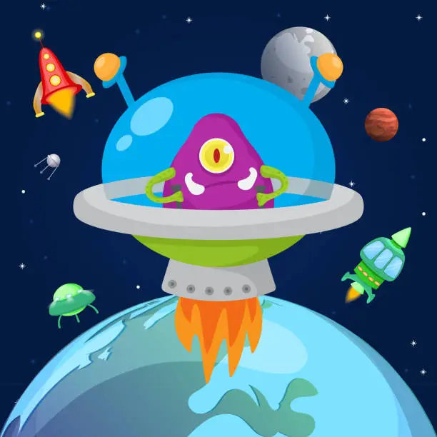 Vector illustration of Alien one eyed monster flying in space in spaceship vector illustration. Cartoon cute monstrous character in cosmos kids halloween design. Ufo, planets, stars, satellites.