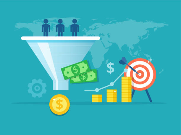 Purchase funnel flat vector illustration. The process of communication and attracting new customers and making a profit business concept. Sales automation tool. The process of communication and attracting new customers and making a profit business concept. Sales automation tool. visitor management icon stock illustrations