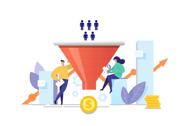 The process of communication and attracting new customers and making a profit business concept. Sales funnel analysis flat vector illustration. Purchase funnel, lead generation in digital marketing. Generating new clients and sales growth flat vector concept. Purchase funnel, lead generation in digital marketing. visitor management icon stock illustrations