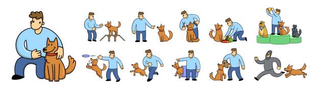 ilustrações, clipart, desenhos animados e ícones de homem de desenho animado treinando seu cão engraçado. homem e cachorro brincando juntos. cachorro perseguindo um criminoso. conjunto de personagens de desenhos animados planos. ilustração vetorial plana. isolado em fundo branco. - mating ritual