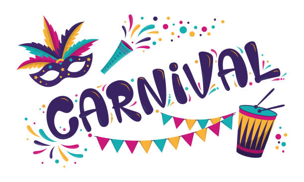 rio karneval inschrift mit maske, girlande und trommel. - karneval stock-grafiken, -clipart, -cartoons und -symbole