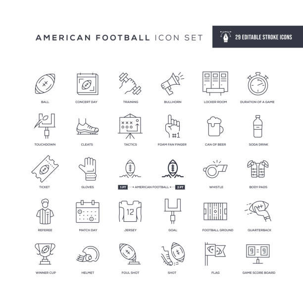 ilustrações de stock, clip art, desenhos animados e ícones de american football editable stroke line icons - american football football food snack