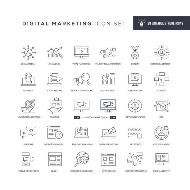 ilustraciones, imágenes clip art, dibujos animados e iconos de stock de iconos de línea de trazos editables de marketing digital - marketing branding internet google